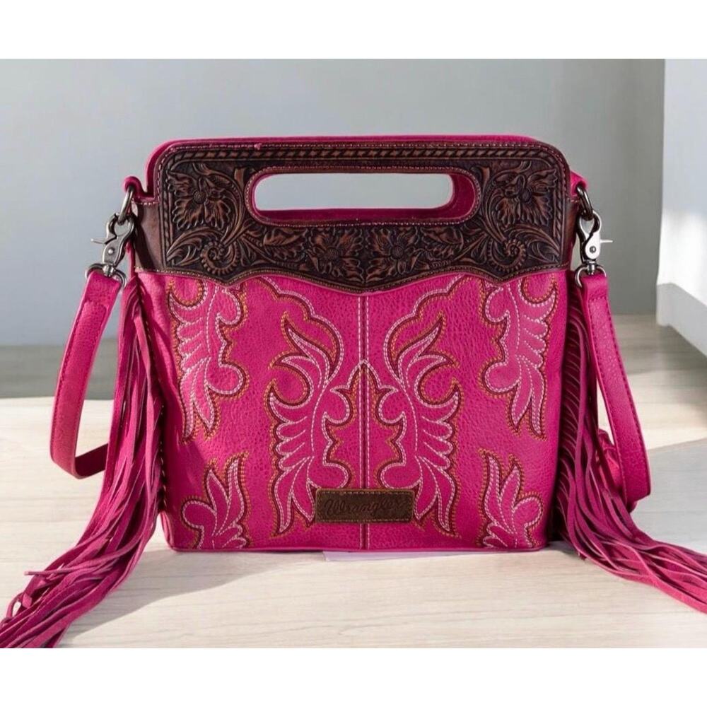 Wrangler Pink Tooled Leather Trim Crossbody Tote